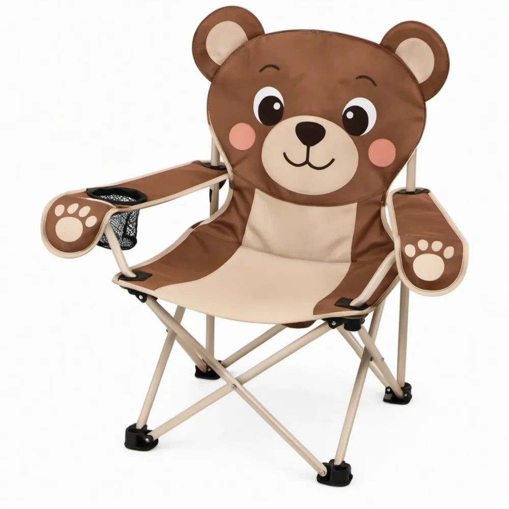 Opvouwbare kindercampingstoel met berenmotief, bekerhouder en opbergvak, 52 x 35 x 65 cm, bruin/beige/zwart/roze
