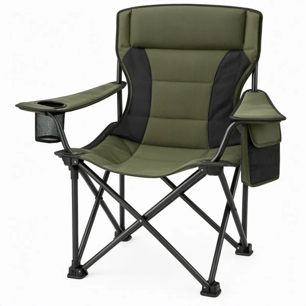 Opvouwbare campingstoel met hoge rugleuning, bekerhouder en zijvakken 90 x 60 x 110 cm Groen/Zwart