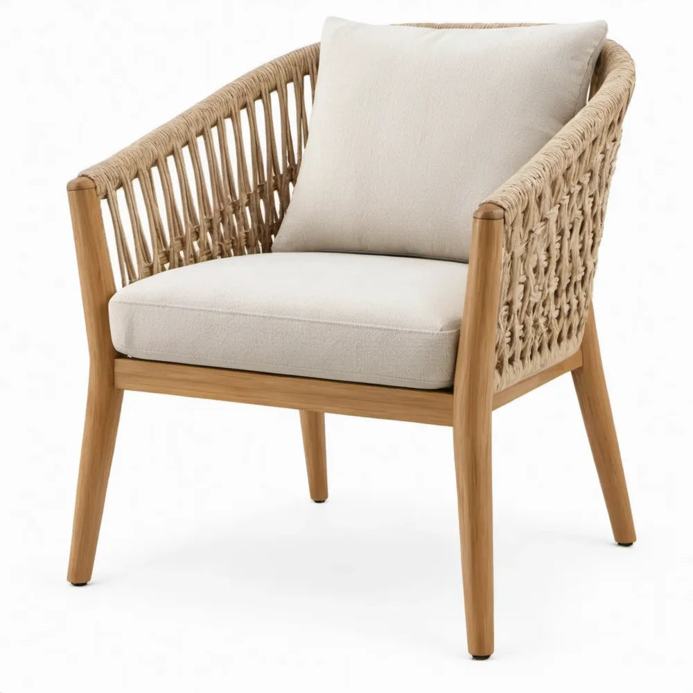 Tuinfauteuil met armleuningen, acaciahout en gevlochten polyester touw, naturel/zand/beige, 68 x 76 x 82 cm