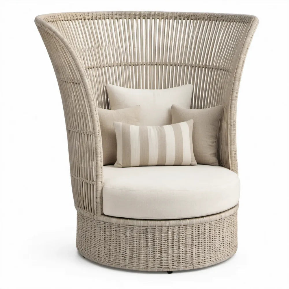 Beige/Crème PE-rotan fauteuil met hoge kap en polyester kussens, 120 x 100 x 170 cm
