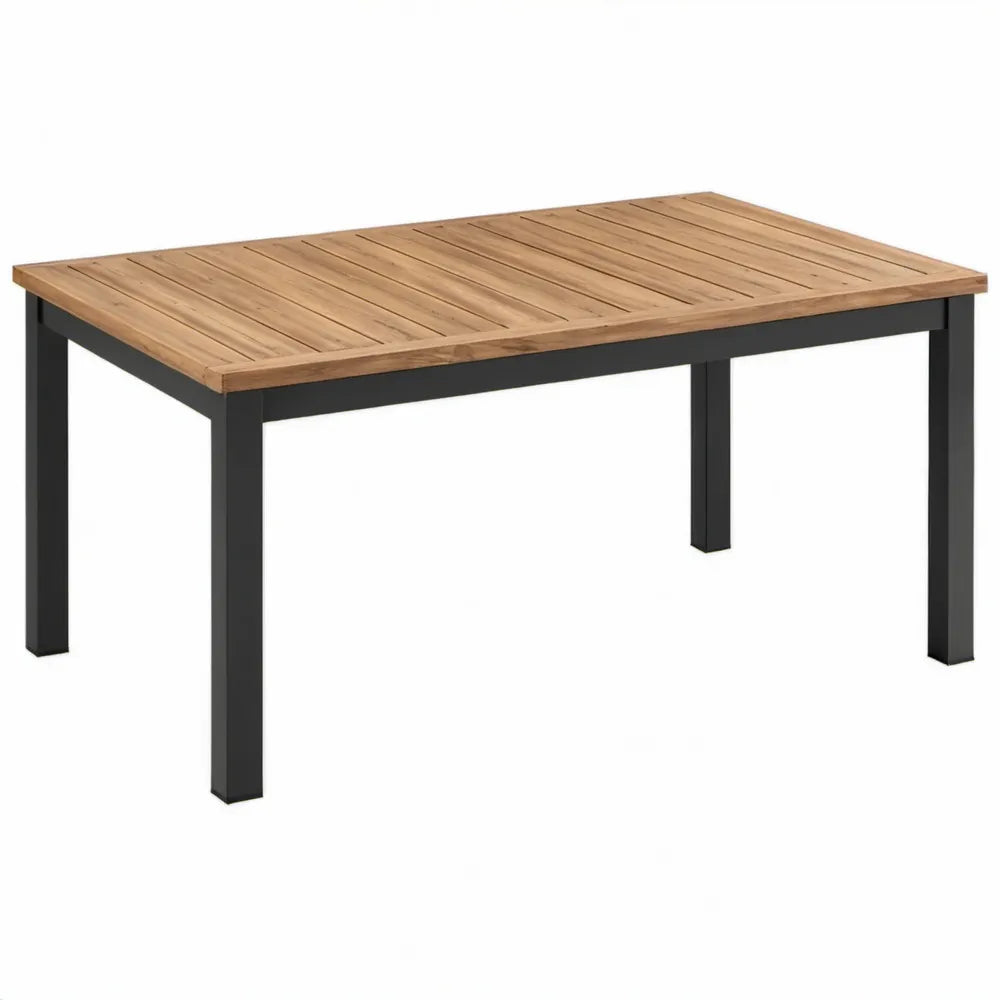 Rechthoekige tuintafel 180 x 90 x 75 cm van naturel acaciahout met zwart gepoedercoat stalen onderstel