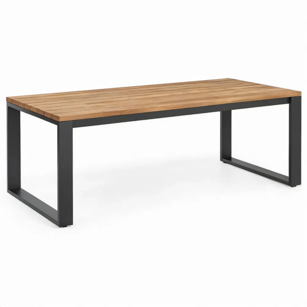 Rechthoekige tuintafel 200 x 100 x 75 cm van massief acaciahout met zwart stalen onderstel