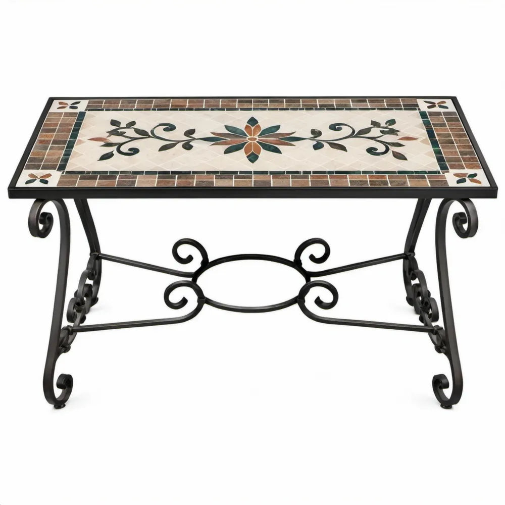 Rechthoekige mozaïektafel 90 x 45 x 45 cm met zwart ijzeren onderstel en crème-bruin-groen patroon