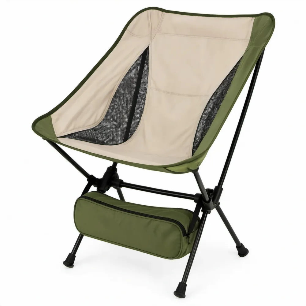 Opvouwbare campingstoel met draagtas, beige/olijfgroen/zwart, 65 x 55 x 98 cm