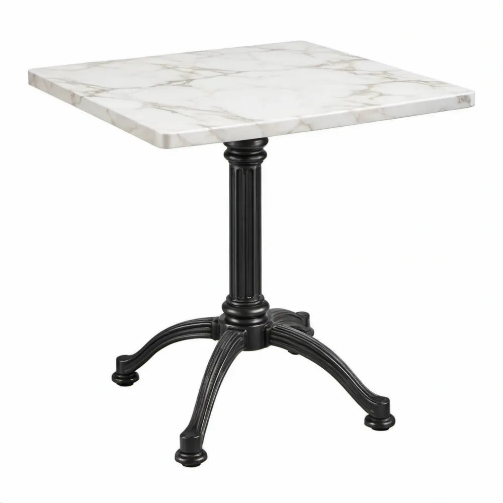 Vierkante tafel 70 x 70 x 75 cm met wit-grijs marmerlook blad en zwart gietijzeren onderstel