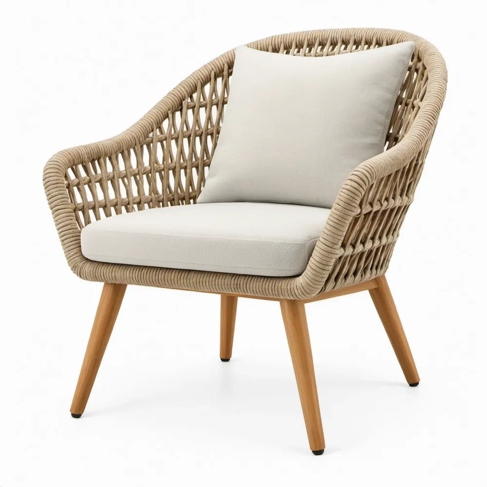 Terrasstoel met armleuningen 70 x 76 x 80 cm van PE-rotan en acaciahout in naturel en crème