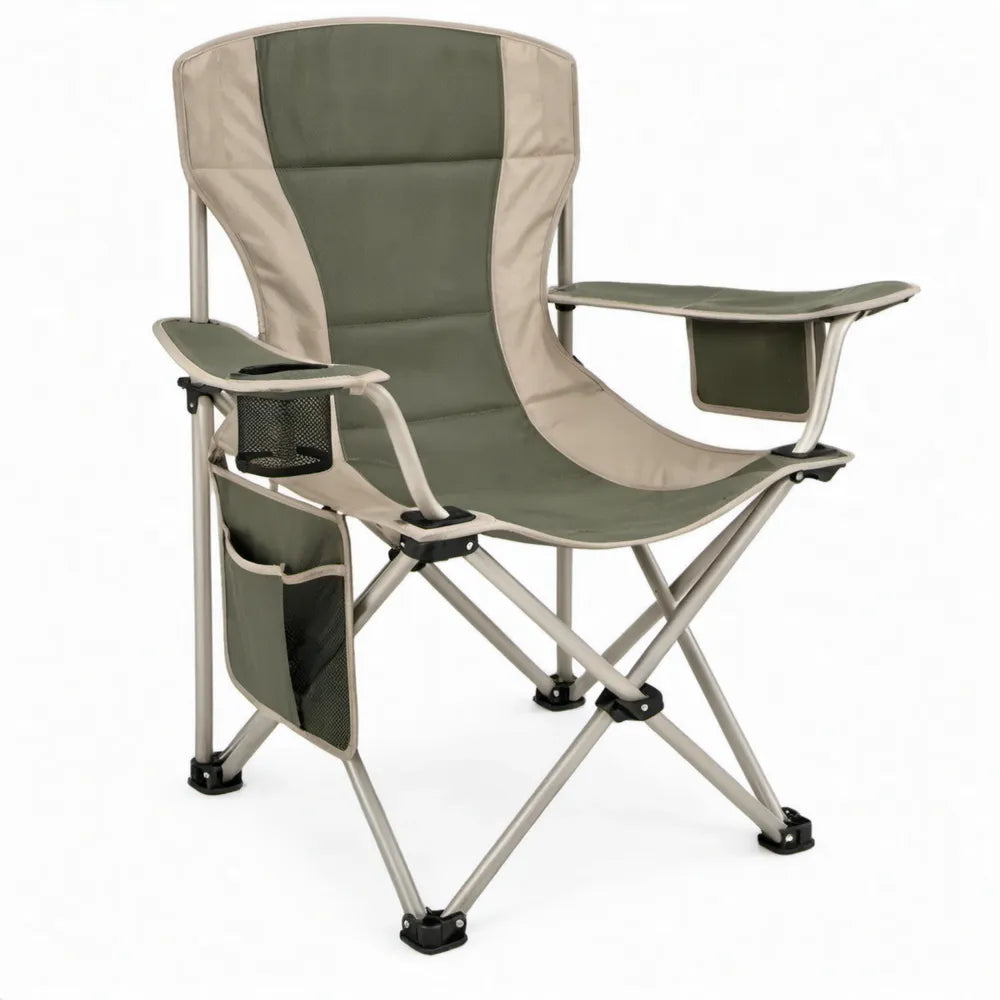 Opvouwbare campingstoel met zijtafel en opbergvakken, 90 x 60 x 100 cm, groen/beige