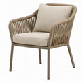 Taupe buitenstoel met armleuningen en beige kussens, 64 x 68 x 82 cm