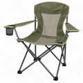 Opvouwbare campingstoel met armleuningen, bekerhouder en kruisframe, olijfgroen/beige/zwart, 85 x 80 x 50 cm