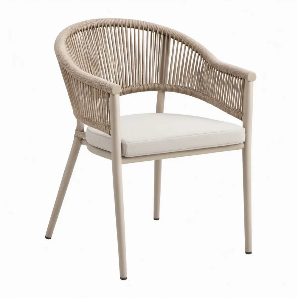 Beige terrasstoel met armleuningen, gevlochten PE en staal, 58 x 60 x 80 cm