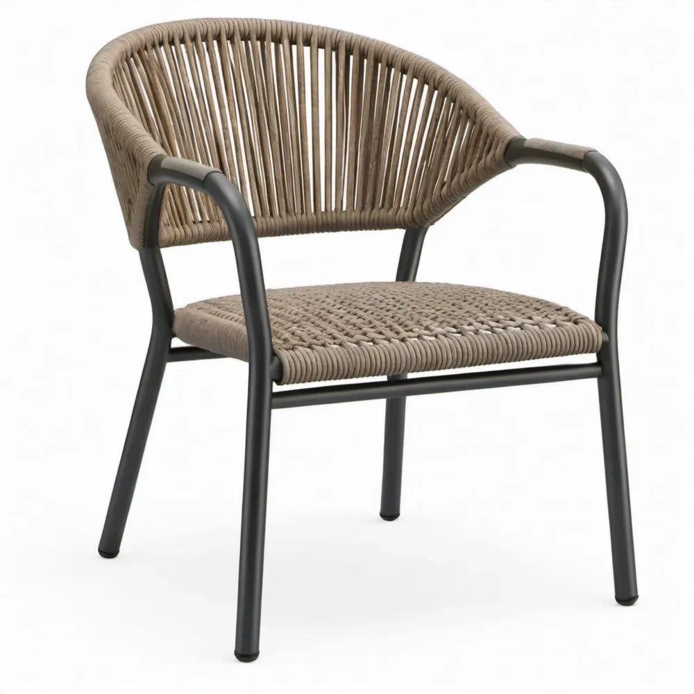 Tuinstoel met armleuningen, stalen frame en gevlochten polypropyleentouw – Taupe/Zwart – 56 x 60 x 77 cm