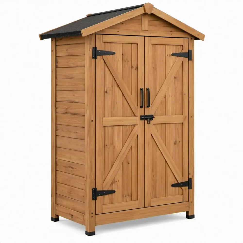 Houten tuinkast met dubbele draaideuren en zadeldak 80 x 55 x 180 cm Naturel/Zwart