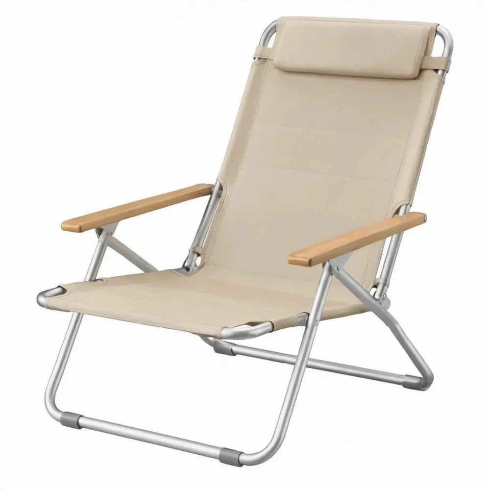 Opvouwbare campingstoel met verstelbare rugleuning en hoofdsteun, beige/zilver, 58 x 74 x 92 cm