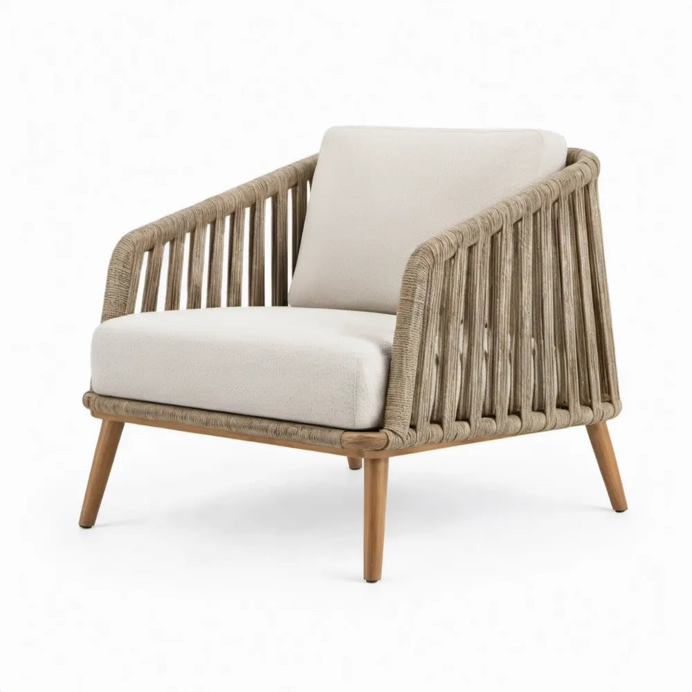 Tuinfauteuil van synthetisch touw en acaciahout met beige kussens, 75 x 80 x 78 cm