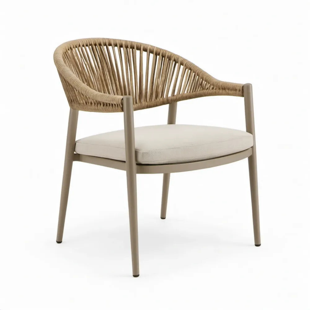 Tuinstoel met armleuningen, stalen frame en PE-touw – taupe/beige – 62 x 60 x 78 cm