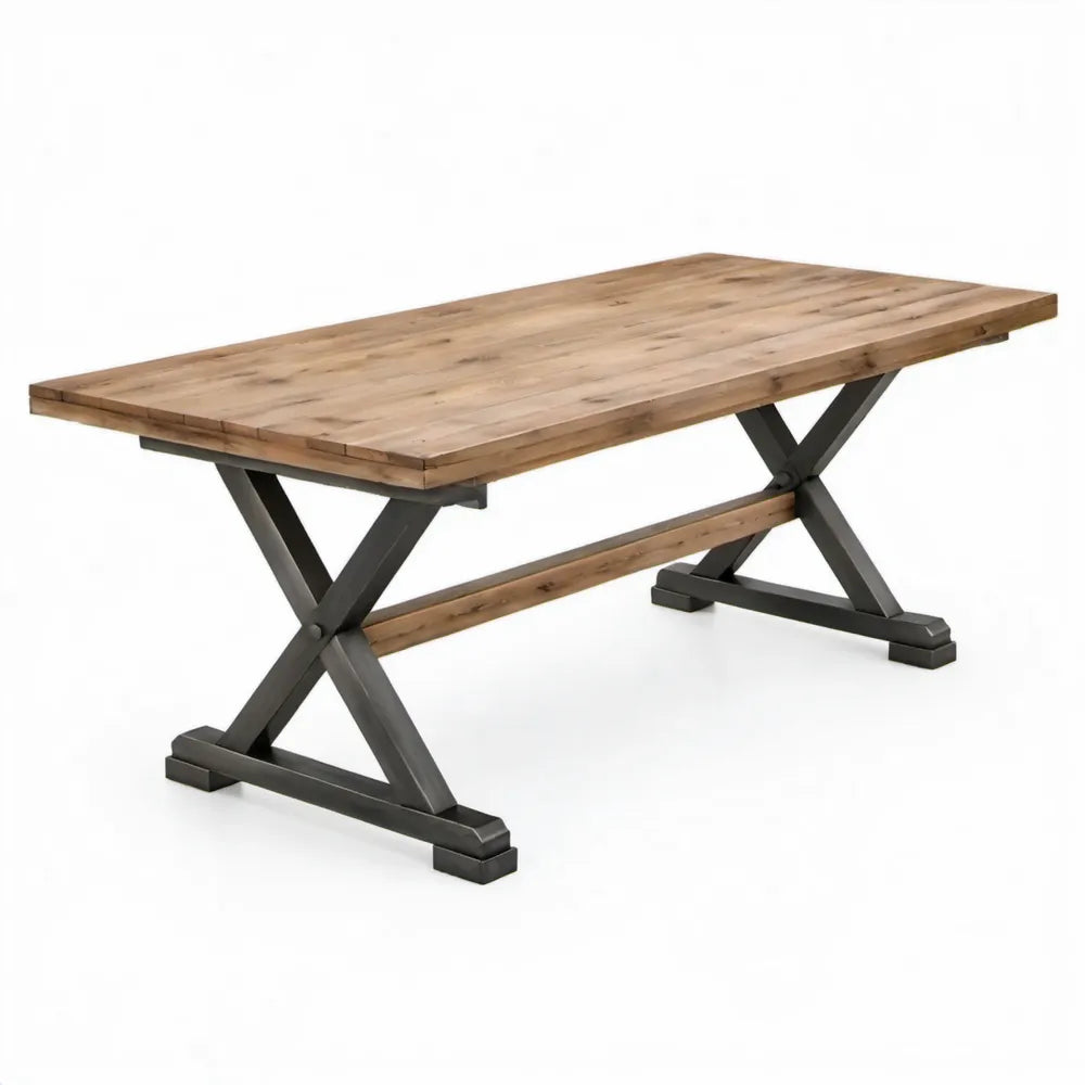 Rechthoekige tuintafel 180 x 90 x 75 cm van massief acaciahout met zwart stalen X-onderstel