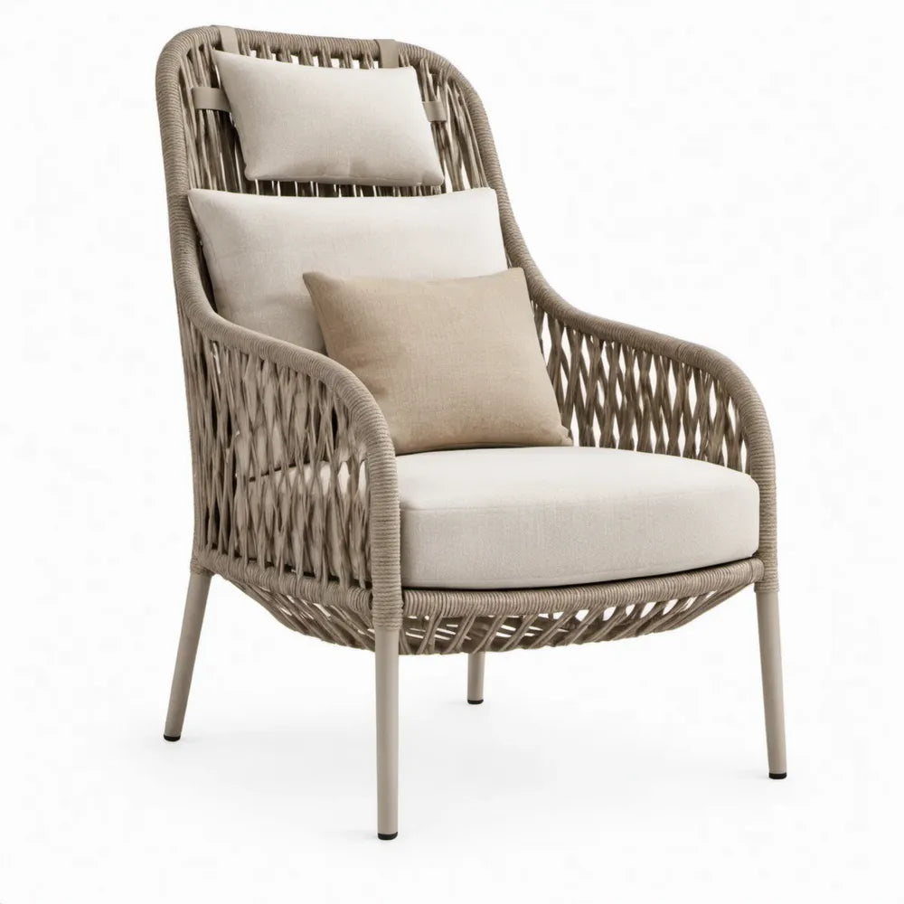 Beige loungestoel van gevlochten polypropyleen touw en staal met kussens, 78 x 82 x 100 cm