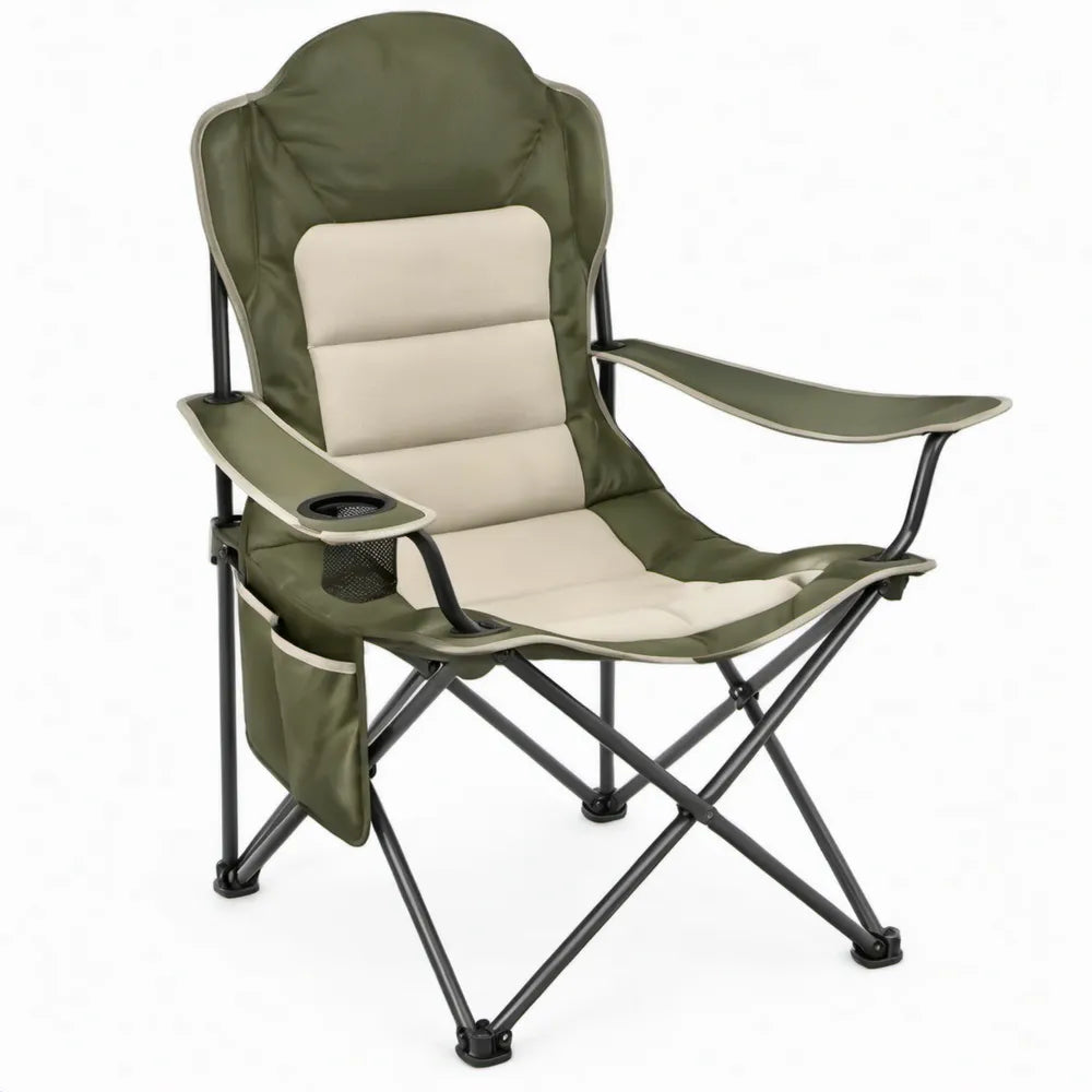 Opvouwbare campingstoel met gevoerde zitting, bekerhouder en opbergvak – Olijfgroen/Beige – 90 x 60 x 55 cm