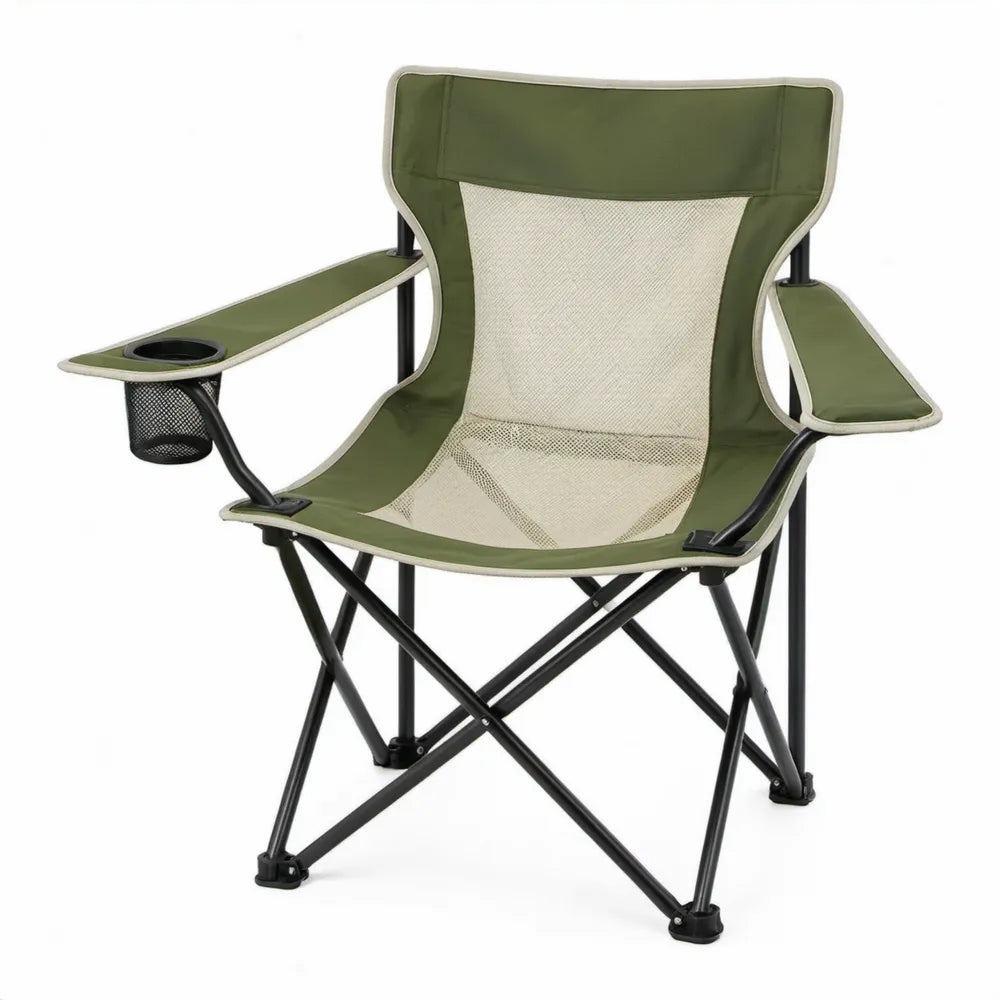 Inklapbare campingstoel groen/beige/zwart met bekerhouder en opbergvak, 60 x 60 x 95 cm