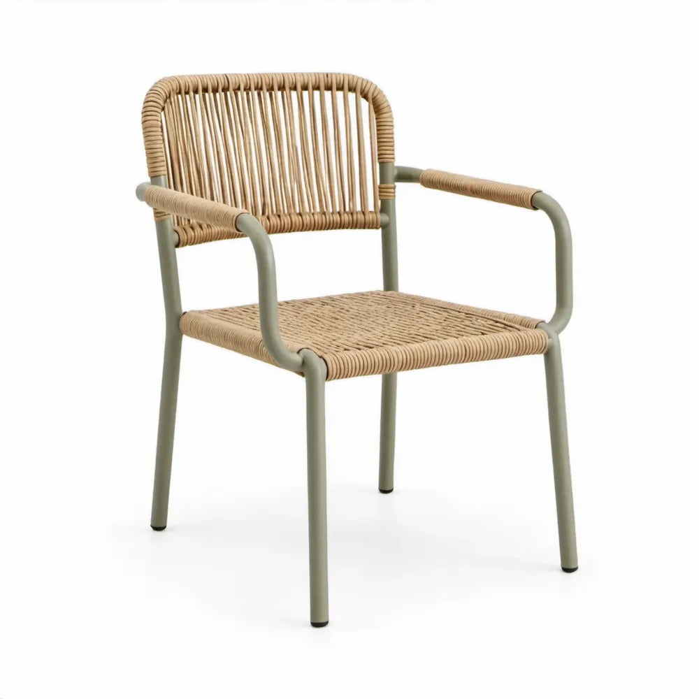 Stoel met armleuningen van PE-rotan en gepoedercoat staal, 60 x 60 x 80 cm, Groen/Naturel Beige